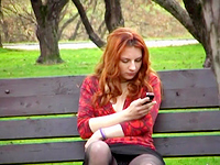 Redhead bimbo Elizaveta sitting on the bench and showing horny pantyhose upskirt!